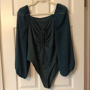 SHEIN Emerald Green Ruched Long Sleeve Bodysuit